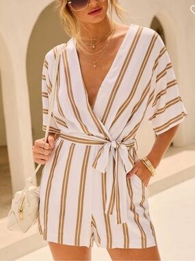 Striped White & Tan Wrap Romper with Tie Waist